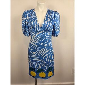 STAUD NWT Mini‎ Milla Dress Sky Citrus Scarf Print Blue White Lemon Size 8